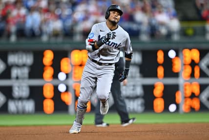 Apr 11, 2023; Philadelphia, Pennsylvania, USA; Miami Marlins second baseman Luis Arraez (3) advances to third after hitting a triple against the Philadelphia Phillies in the sixth inning at Citizens Bank Park. Mandatory Credit: Kyle Ross-USA TODAY Sports