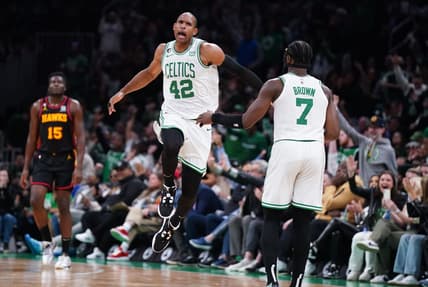 Apr 18, 2023; Boston, Massachusetts, USA; Boston Celtics center Al Horford (42) reacts after his three point basket against the bAtlanta Hawks in the third quarter during game two of the 2023 NBA playoffs at TD Garden. Mandatory Credit: David Butler II-USA TODAY Sports