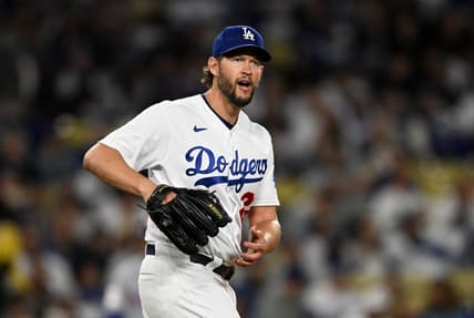 Apr 18, 2023; Los Angeles, California, USA; Los Angeles Dodgers starting pitcher Clayton Kershaw (22) on the mound in the seventh inning against the New York Mets at Dodger Stadium. Mandatory Credit: Jayne Kamin-Oncea-USA TODAY Sports