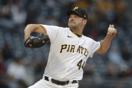 Apr 22, 2023; Pittsburgh, Pennsylvania, USA;  Pittsburgh Pirates starting pitcher Rich Hill (44) delivers a pitch against the Cincinnati Reds during the first inning at PNC Park. Mandatory Credit: Charles LeClaire-USA TODAY Sports