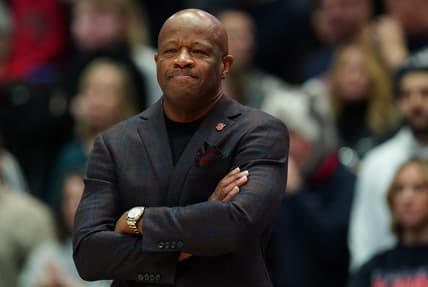 Jan 15, 2023; Hartford, Connecticut, USA; St. John's Red Storm head coach Mike Anderson watches from the sideline last they take the UConn Huskies at XL Center. Mandatory Credit: David Butler II-USA TODAY Sports