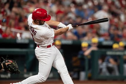 May 17, 2023; St. Louis, Missouri, USA; St. Louis Cardinals shortstop Paul DeJong (11) hits a home run in the sixth inning at Busch Stadium. Mandatory Credit: Paul Halfacre-USA TODAY Sports
