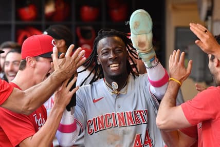 Jul 8, 2023; Milwaukee, Wisconsin, USA; Cincinnati Reds shortstop Elly De La Cruz (44) celebrates in the dugout after scoring a run against the Milwaukee Brewers in the seventh inning at American Family Field. Mandatory Credit: Michael McLoone-USA TODAY Sports