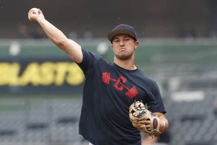 Jul 17, 2023; Pittsburgh, Pennsylvania, USA;  Cleveland Guardians second baseman Tyler Freeman (2) plays catch on the field before the game against the Pittsburgh Pirates at PNC Park. Mandatory Credit: Charles LeClaire-USA TODAY Sports