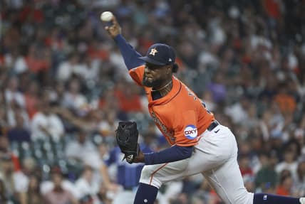 Jul 28, 2023; Houston, Texas, USA; Houston Astros starting pitcher Cristian Javier (53) delivers a pitch during the first inning against the Tampa Bay Rays at Minute Maid Park. Mandatory Credit: Troy Taormina-USA TODAY Sports