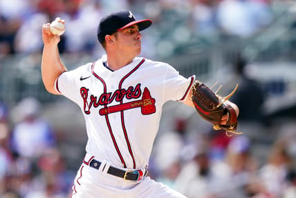 Sep 10, 2023; Cumberland, Georgia, USA; Atlanta Braves pitcher Allan Winans (72) cycles through a pitch against the Pittsburgh Pirates during the fourth inning at Truist Park. Mandatory Credit: John David Mercer-USA TODAY Sports