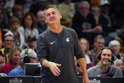 Dec 31, 2023; Boulder, Colorado, USA; Washington State Cougars head coach Kyle Smith during the second half against the Colorado Buffaloes at the CU Events Center. Mandatory Credit: Ron Chenoy-USA TODAY Sports