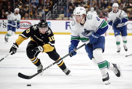 Jan 11, 2024; Pittsburgh, Pennsylvania, USA; Vancouver Canucks right wing Brock Boeser (6) skates up ice with the puck against Pittsburgh Penguins left wing Drew O'Connor (10) during the second period at PPG Paints Arena. Mandatory Credit: Charles LeClaire-USA TODAY Sports