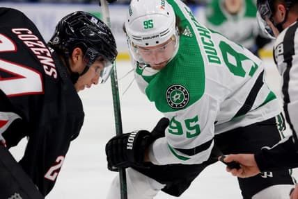 Feb 6, 2024; Buffalo, New York, USA;  Buffalo Sabres center Dylan Cozens (24) and Dallas Stars center Matt Duchene (95) wait for the face-off during the first period at KeyBank Center. Mandatory Credit: Timothy T. Ludwig-USA TODAY Sports
