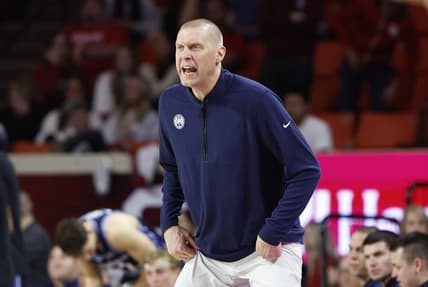 Feb 6, 2024; Norman, Oklahoma, USA; Brigham Young Cougars head coach Mark Pope yells to his team on a play against the Oklahoma Sooners during the second half at Lloyd Noble Center. Mandatory Credit: Alonzo Adams-USA TODAY Sports