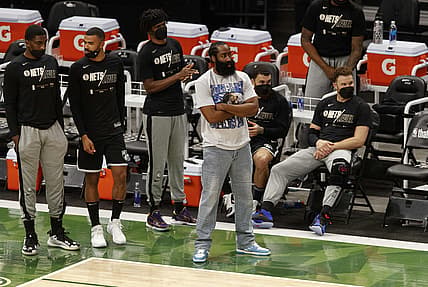 Jun 13, 2021; Milwaukee, Wisconsin, USA;  Brooklyn Nets guard James Harden stands in front of the bench during the third quarter against the Milwaukee Bucks during game four in the second round of the 2021 NBA Playoffs. at Fiserv Forum. Mandatory Credit: Jeff Hanisch-USA TODAY Sports