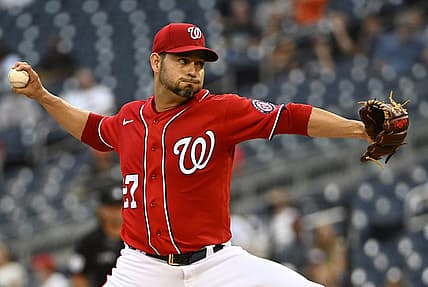 Jul 14, 2022; Washington, District of Columbia, USA; Washington Nationals starting pitcher Anibal Sanchez (27) throws to the Atlanta Braves during the first inning at Nationals Park. Mandatory Credit: Brad Mills-USA TODAY Sports