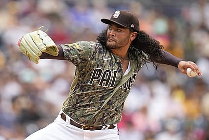 Aug 21, 2022; San Diego, California, USA;  San Diego Padres starting pitcher Sean Manaea (55) pitches during the first inning against the Washington Nationals at Petco Park. Mandatory Credit: Ray Acevedo-USA TODAY Sports