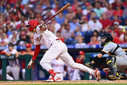 Aug 26, 2022; Philadelphia, Pennsylvania, USA; Philadelphia Phillies third baseman Alec Bohm (28) hits an infield single against the Pittsburgh Pirates in the first inning at Citizens Bank Park. Mandatory Credit: Kyle Ross-USA TODAY Sports