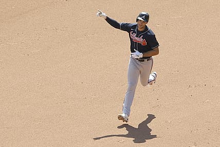 Aug 24, 2022; Pittsburgh, Pennsylvania, USA;  Atlanta Braves first baseman Matt Olson (28) circles the bases on a grand slam home run against the Pittsburgh Pirates during the eighth inning at PNC Park.  Atlanta won 14-2. Mandatory Credit: Charles LeClaire-USA TODAY Sports