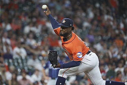 Jul 28, 2023; Houston, Texas, USA; Houston Astros starting pitcher Cristian Javier (53) delivers a pitch during the first inning against the Tampa Bay Rays at Minute Maid Park. Mandatory Credit: Troy Taormina-USA TODAY Sports