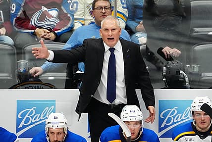 Nov 1, 2023; Denver, Colorado, USA; St. Louis Blues head coach Craig Berube calls out the third period against the St. Louis Blues at Ball Arena. Mandatory Credit: Ron Chenoy-USA TODAY Sports