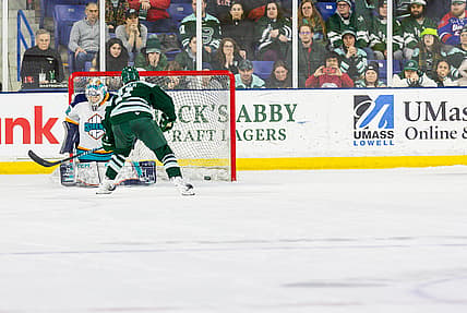 Boston Fleet forward Alina Müller scores the shootout game-winner against New York Sirens goalie Kayle Osborne.