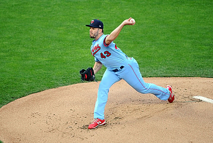May 5, 2021; Minneapolis, Minnesota, USA; Minnesota Twins pitcher Lewis Thorpe (43) delivers a pitch during the first inning against the Texas Rangers at Target Field. Mandatory Credit: Marilyn Indahl-USA TODAY Sports