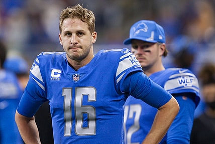 Dec 19, 2021; Detroit, Michigan, USA; Detroit Lions quarterback Jared Goff (16) looks on from the sidelines during the fourth quarter against the Arizona Cardinals at Ford Field. Mandatory Credit: Raj Mehta-USA TODAY Sports
