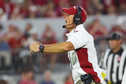 Sep 9, 2023; Norman, Oklahoma, USA;  Oklahoma Sooners head coach Brent Venables reacts during the second half  against the Southern Methodist Mustangs at Gaylord Family-Oklahoma Memorial Stadium. Mandatory Credit: Kevin Jairaj-USA TODAY Sports