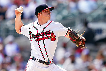Sep 10, 2023; Cumberland, Georgia, USA; Atlanta Braves pitcher Allan Winans (72) cycles through a pitch against the Pittsburgh Pirates during the fourth inning at Truist Park. Mandatory Credit: John David Mercer-USA TODAY Sports