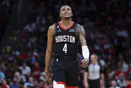 Jan 18, 2023; Houston, Texas, USA;  Houston Rockets guard Jalen Green (4) reacts after a play during the third quarter against the Charlotte Hornets at Toyota Center. Mandatory Credit: Troy Taormina-USA TODAY Sports
