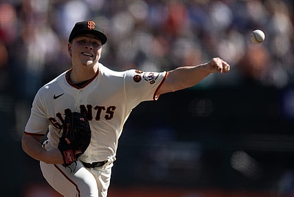 Oct 1, 2023; San Francisco, California, USA; San Francisco Giants starting pitcher Kyle Harrison (45) delivers a pitch against the Los Angeles Dodgers during the first inning at Oracle Park. Mandatory Credit: D. Ross Cameron-USA TODAY Sports
