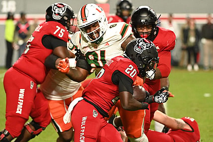 Nov 4, 2023; Raleigh, North Carolina, USA; North Carolina State Wolfpack running back Kendrick Raphael (20) runs as Miami Hurricanes defensive lineman Jared Harrison-Hunte (81) defends during the first half at Carter-Finley Stadium. Mandatory Credit: Rob Kinnan-USA TODAY Sports