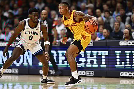 Nov 17, 2023; Villanova, Pennsylvania, USA; Maryland Terrapins guard Jahmir Young (1) controls the ball against Villanova Wildcats guard TJ Bamba (0) in the first half at William B. Finneran Pavilion. Mandatory Credit: Kyle Ross-USA TODAY Sports