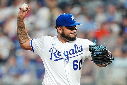 Jul 19, 2023; Kansas City, Missouri, USA; Kansas City Royals relief pitcher Max Castillo (60) pitches during the eighth inning against the Detroit Tigers at Kauffman Stadium. Mandatory Credit: Jay Biggerstaff-USA TODAY Sports