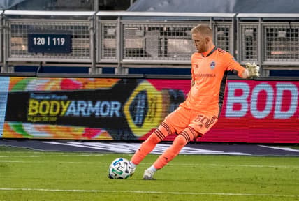 Oct 24, 2020; Kansas City, Kansas, USA; Colorado Rapids goalkeeper William Yarbrough (50) puts the ball in play during the match against Sporting Kansas City at Children's Mercy Park. Mandatory Credit: Denny Medley-USA TODAY Sports
