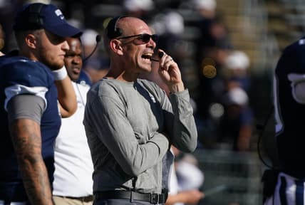 Sep 25, 2021; East Hartford, Connecticut, USA; Connecticut Huskies interim head coach Lou Spanos watches from the sideline against the Wyoming Cowboys during the first quarter at Rentschler Field at Pratt & Whitney Stadium. Mandatory Credit: David Butler II-USA TODAY Sports