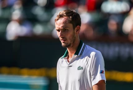 Daniil Medvedev of Russia reacts after losing a game to Grigor Dimitrov of Bulgaria during their round four match of the BNP Paribas Open, Wednesday, Oct. 13, 2021, in Indian Wells, Calif.