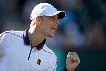 Oct 11, 2021; Indian Wells, CA, USA; Denis Shapovalov (CAN) reacts after winning a point against Aslan Karatsev (RUS) during a third round match in the BNP Paribas Open at the Indian Wells Tennis Garden. Mandatory Credit: Jayne Kamin-Oncea-USA TODAY Sports