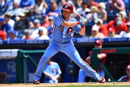Aug 12, 2021; Philadelphia, Pennsylvania, USA; Philadelphia Phillies catcher Andrew Knapp (5) bats in the third inning against the Los Angeles Dodgers at Citizens Bank Park. Mandatory Credit: Kyle Ross-USA TODAY Sports