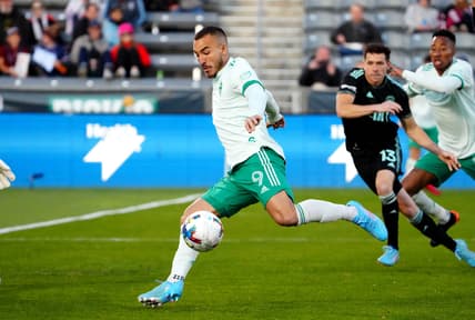 Apr 23, 2022; Commerce City, Colorado, USA; Colorado Rapids forward Andre Shinyashiki (9) prepares to kick the ball in the first half against Charlotte FC at Dick's Sporting Goods Park. Mandatory Credit: Ron Chenoy-USA TODAY Sports