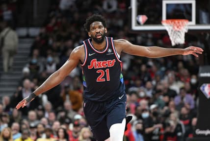 Apr 28, 2022; Toronto, Ontario, CAN;  Philadelphia 76ers center Joel Embiid (21) reacts after scoring a basket against the Toronto Raptors in the second half during game six of the first round for the 2022 NBA playoffs at Scotiabank Arena. Mandatory Credit: Dan Hamilton-USA TODAY Sports
