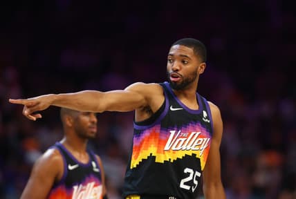 May 15, 2022; Phoenix, Arizona, USA; Phoenix Suns forward Mikal Bridges (25) against the Dallas Mavericks in game seven of the second round for the 2022 NBA playoffs at Footprint Center. Mandatory Credit: Mark J. Rebilas-USA TODAY Sports
