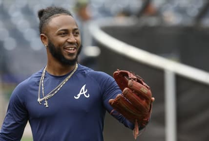 Aug 22, 2022; Pittsburgh, Pennsylvania, USA;  Atlanta Braves infielder Ozzie Albies (1) warms up before the game against the Pittsburgh Pirates at PNC Park. Mandatory Credit: Charles LeClaire-USA TODAY Sports