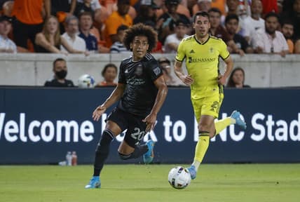 May 14, 2022; Houston, Texas, USA; Houston Dynamo midfielder Adalberto Carrasquilla (20) in action during the match against the Nashville SC at PNC Stadium. Mandatory Credit: Troy Taormina-USA TODAY Sports