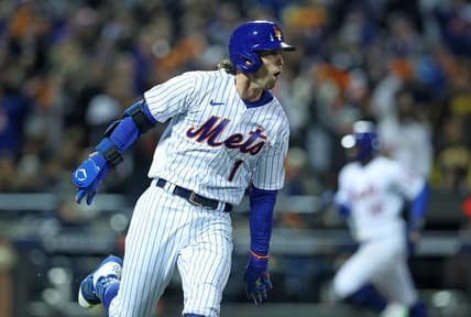 Oct 8, 2022; New York City, New York, USA; New York Mets second baseman Jeff McNeil (1) reacts after hitting a two run double against the San Diego Padres in the seventh inning during game two of the Wild Card series for the 2022 MLB Playoffs at Citi Field. Mandatory Credit: Brad Penner-USA TODAY Sports