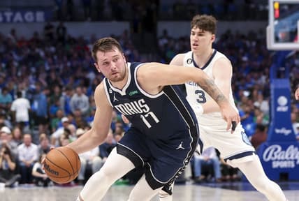 Oct 22, 2022; Dallas, Texas, USA;  Dallas Mavericks guard Luka Doncic (77) controls the ball as Memphis Grizzlies forward Jake LaRavia (3) defends during the first quarter at American Airlines Center. Mandatory Credit: Kevin Jairaj-USA TODAY Sports