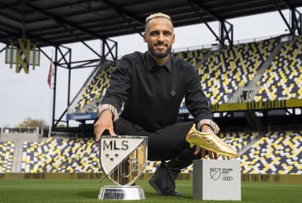 Nov 1, 2022; Nashville, Tennessee, USA;Nashville SC's Hany Mukhtar poses with his Landon Donovan MLS MVP and MLS Golden Boot awards on the field at Geodis Park.  Mandatory Credit: George Walker IV - USA TODAY Sports