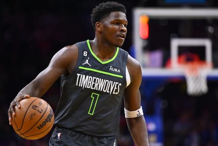 Nov 19, 2022; Philadelphia, Pennsylvania, USA; Minnesota Timberwolves guard Anthony Edwards (1) controls the ball against the Philadelphia 76ers in the first quarter at Wells Fargo Center. Mandatory Credit: Kyle Ross-USA TODAY Sports