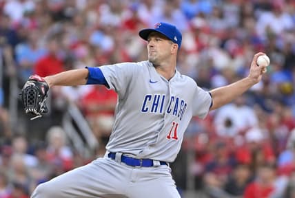 Sep 3, 2022; St. Louis, Missouri, USA;  Chicago Cubs starting pitcher Drew Smyly (11) pitches against the St. Louis Cardinals during the first inning at Busch Stadium. Mandatory Credit: Jeff Curry-USA TODAY Sports