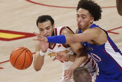 Iowa State University Cyclones guard Jaren Holmes (13) steals the ball from Kansas Jayhawks forward Jalen Wilson (10) during the second half at Hilton Coliseum Saturday, Feb. 4, 2023, in Ames, Iowa.

Kansas And Iowa State Men S Basketball