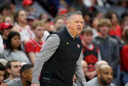 Feb 9, 2023; Columbus, Ohio, USA; Ohio State Buckeyes head coach Chris Holtmann reacts to a call during the second half against the Northwestern Wildcats at Value City Arena. Mandatory Credit: Joseph Maiorana-USA TODAY Sports