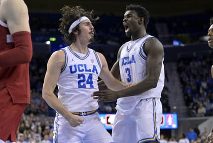 Feb 16, 2023; Los Angeles, California, USA; UCLA Bruins guard Jaime Jaquez Jr. (24) and forward Adem Bona (3) celebrate after a basket in the second half against the Stanford Cardinal at Pauley Pavilion presented by Wescom. Mandatory Credit: Jayne Kamin-Oncea-USA TODAY Sports