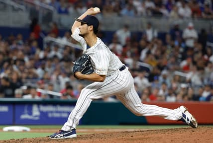 Mar 21, 2023; Miami, Florida, USA; Japan pitcher Yu Darvish (11) pitches against the USA in the eighth inning at LoanDepot Park. Mandatory Credit: Rhona Wise-USA TODAY Sports